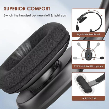 Truck Driver Bluetooth Headset with Mic, Single Ear Wireless Headset, Noise Cancelling Microphone & Mute, 50H Long Battery Life, Hands Free Headset for Trucker, Call Center, Home Office (Black)