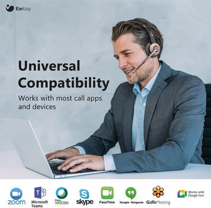 Earbay Wireless Headset - Bluetooth Headphones with Microphone Noise Canceling & Mute, Bluetooth Headset with USB Dongle/Charge Dock for PC Computer Cell Phone Work Office Meetings Call Teams