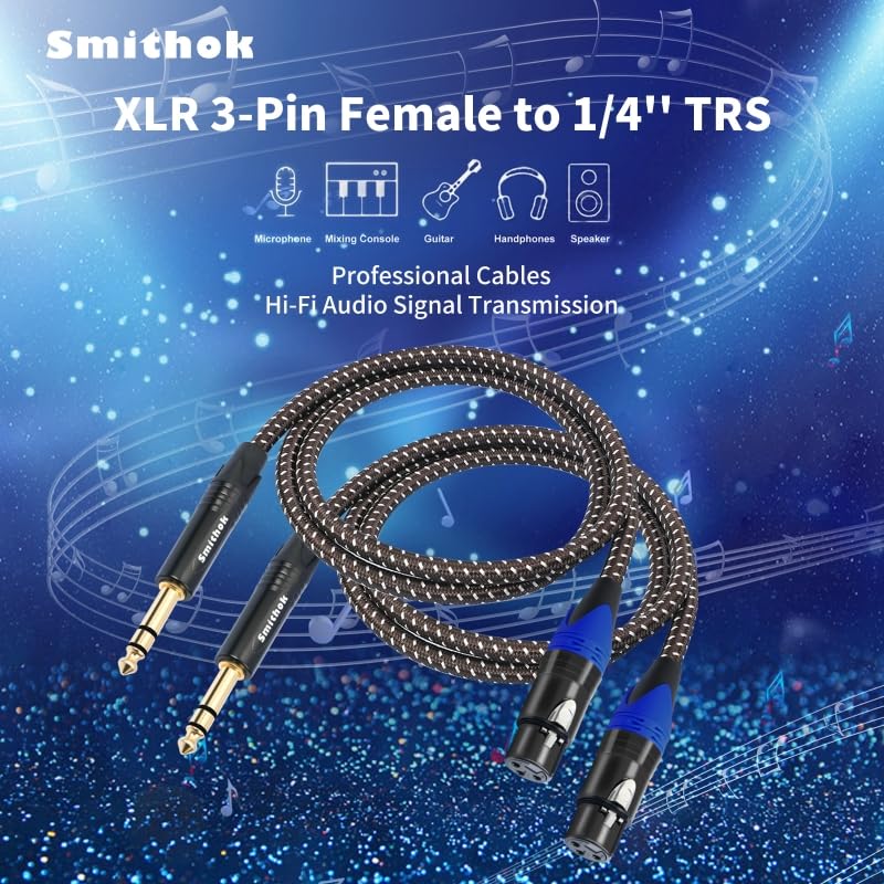 Smithok 2Pack 1/4" to XLR Cable，Balanced 1/4" TRS to 3pin XLR Female -6.6ft | Heavy Duty Nylon Braided,Gold Plated Plug, Quarter Inch 6.35mm to XLR Microphone Patch Cable, for Speaker,Mixer - size: 2 Pack 6.6 ft