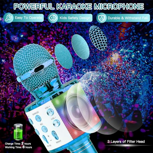 ShinePick Karaoke Microphone, 4 in 1 Wireless Microphone with LED Lights Handheld Portable Karaoke Machine, Home KTV Player, Compatible with Android & iOS Devices(Blue) - color: blue