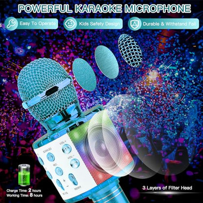 ShinePick Karaoke Microphone, 4 in 1 Wireless Microphone with LED Lights Handheld Portable Karaoke Machine, Home KTV Player, Compatible with Android & iOS Devices(Blue) - color: blue
