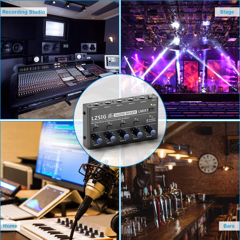 LZSIG Mini Audio Mixer, Ultra Low-Noise, 4-Channel, 4 IN 1 OUT | Stereo Line Mixer for Sub-Mixing, 1/4" & 1/8" TS & TRS Output and Input for Electronic Drum, Guitars, Bass, Keyboards