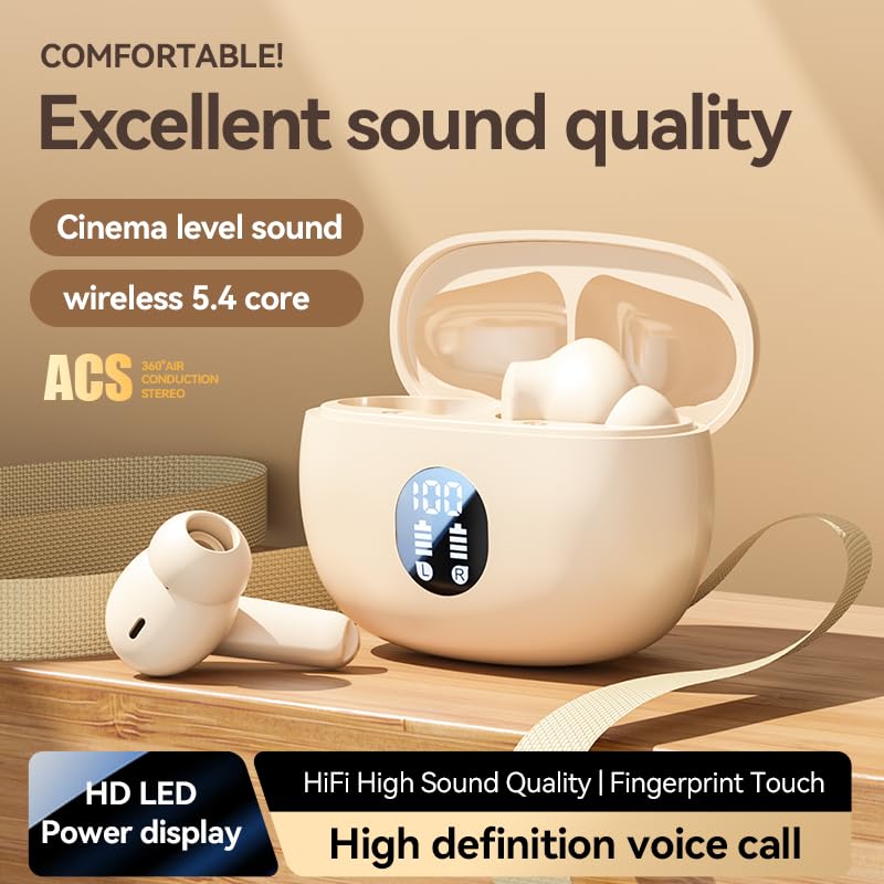 Wireless Earbuds, Bluetooth 5.4 Headphones Stereo Bass with Noise Cancelling Mic, Playtime in Ear Ear Buds with LED Power Display Charging Case, IPX7 Waterproof , for Sports Work Gaming (beige) - color: Beige
