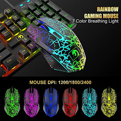Wired Gaming Keyboard and Mouse Headset Combo,Rainbow LED Backlit Wired Keyboard,Over Ear Headphone with Mic,Rainbow Backlit Gaming Mice,Mouse Pad,for PC,Laptop,Mac,PS4,Xbox(Black) - color: Black