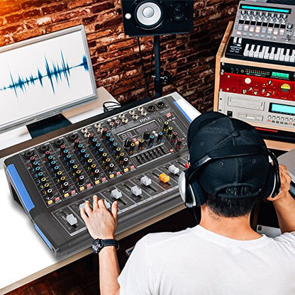 Pyle 8-Channel Console Style Audio Mixer with Bluetooth - DJ Sound Controller, 4 XLR / Combo Inputs, Sub Out, +48V Phantom, USB-A In, 16 DSP Effects, MP3 Player, 7-Band EQ - PMXU88BT