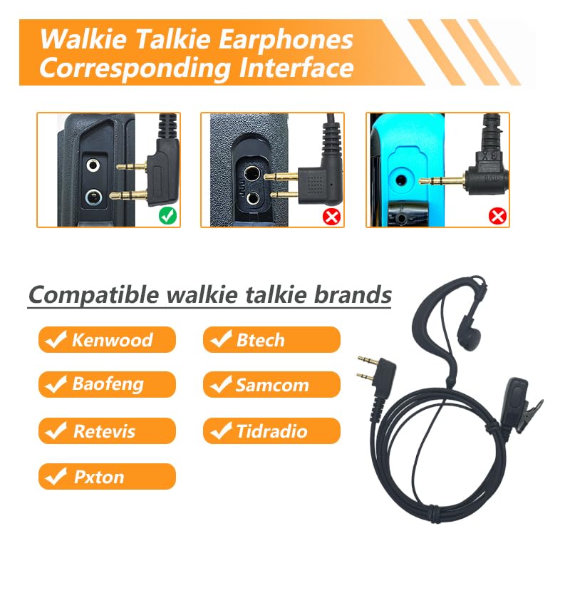 2-Pack Two-Way Radio Earpiece with Mic， Ear Hooks Walkie Talkie Headset Compatible with Baofeng UV-5R BF-888S BF-F8HP,Arcshell AR-5,Kenwood,BTECH,Pxton,Wouxun(2-Pin) - style: Baofeng-2 Pin - 2Packs(G Shape Headset)