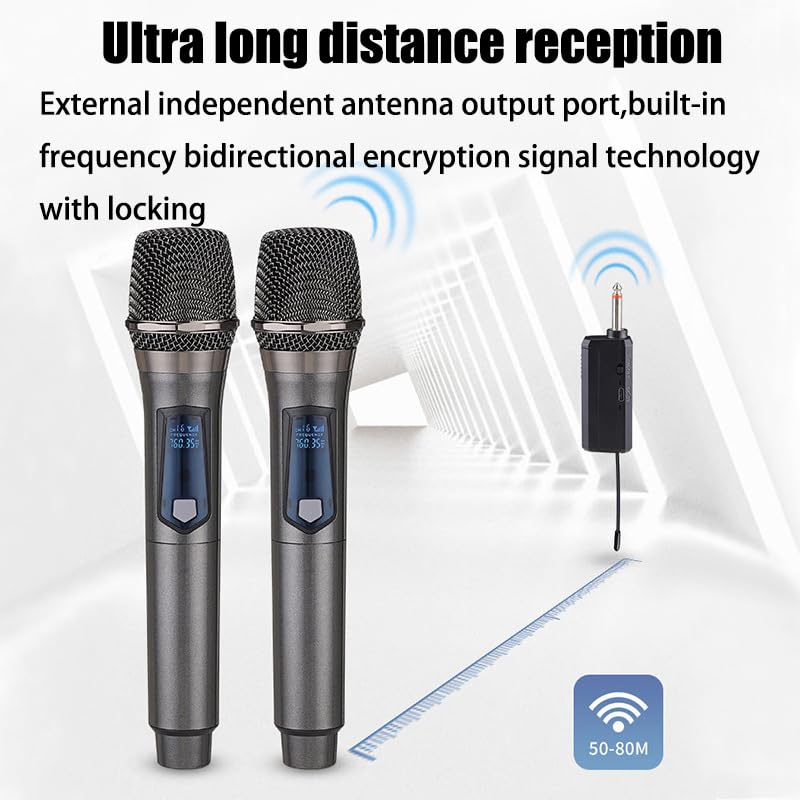 Wireless Dual Microphone,Handheld Dynamic mic,Karaoke Singing, Weddings DJ,Party, Church, Classroom use, 200 feet, Gray.(2 Versions Randomly Shipped)