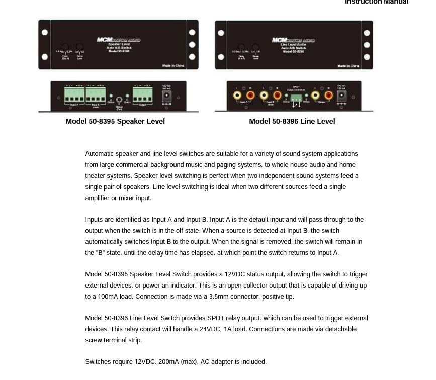 Line Level RCA 2 Way Audio Switch, Automatic