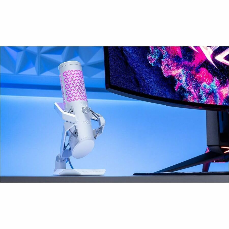ASUS ROG Carnyx USB Gaming Microphone (25mm Condenser Capsule, 192kHz/24-bit, Cardioid, high-Pass Filter, Built-in pop Filter, Metal Shock Mount, one-Touch Mute, Aura Sync RGB)- Moonlight White