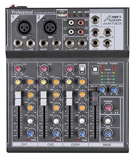 Audio2000'S AMX7303 Four-Channel Audio Mixer with USB Interface, DSP Processor, and Phontom Power - style: 4-Channel Mixer with USB