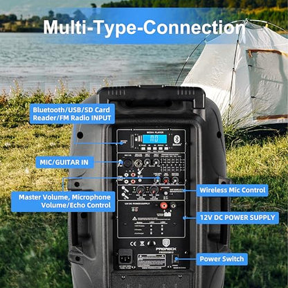 PRORECK Portable 12 Inch 1200W Powered PA/DJ Speaker System with Rechargeable Battery, 2 Wireless Mics, Bluetooth, USB, SD, FM Radio, Remote, Speaker Stand for Parties, Karaoke, speeches, Outdoor - size: 12 inch