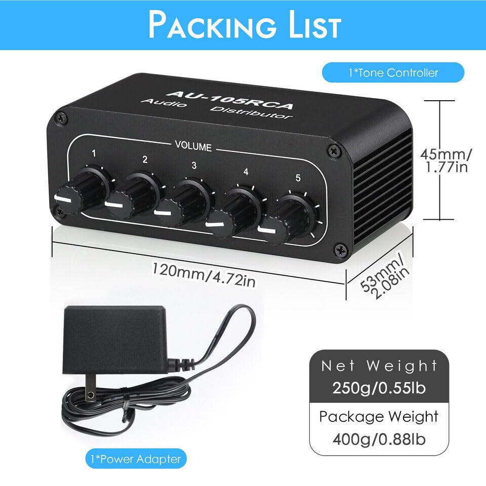 Mini 1-IN-5-OUT Audio Switcher Box HiFi Stereo RCA Audio Splitter/Selector