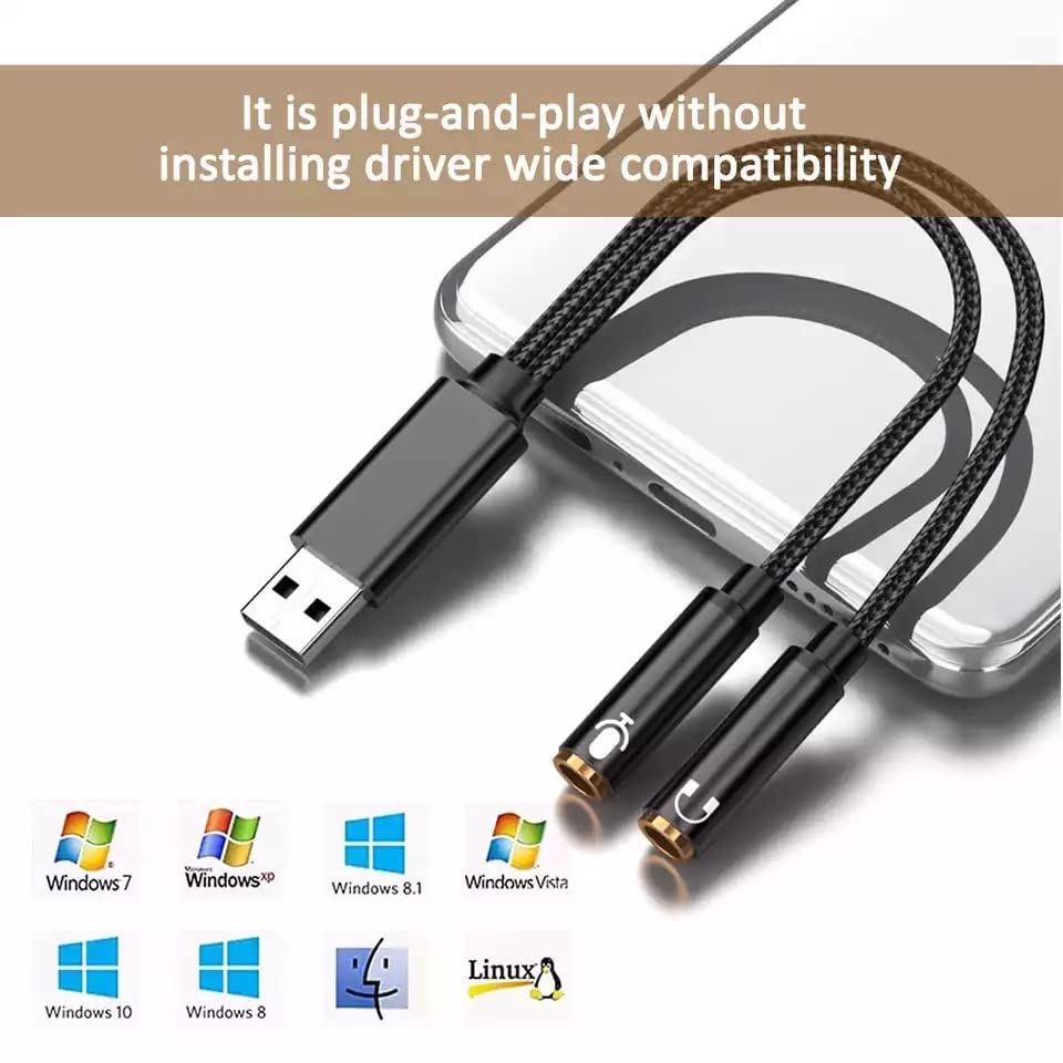 USB to 3.5mm Jack Audio Adapter, USB Audio Cable, External Sound Card USB to Headphone and Mic Adapter, USB 2.0 Male to Dual 3.5mm Female Headset TRS Jack for PS4, PC, Laptop, Gaming Headset Headphone