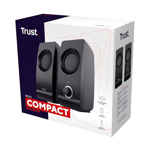 Trust Remo 2.0 PC Speakers, 16W (8W RMS), USB Powered, Jack 3.5mm, Stereo Speaker Set with Volume Control, Compact Sound System for Computer and Laptop - Black - style: Remo 16 W