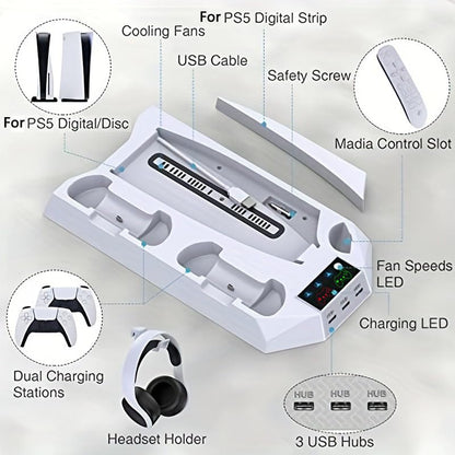 Stand for PS5 Consoles Models, Pa5 Cooling Station for Original with 2 Controller Charging Station, 3 Level Quiet Cooling Fan - color: Red