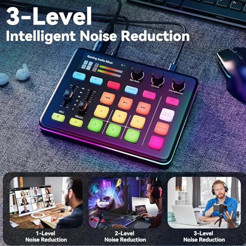 PUSOKEI Gaming Audio Mixer, Bluetooth 5.0 Live Sound Card with RGB Light, XLR Interface, Audio Interface with Pro preamp, Volume Fader, 48V Phan tom Power, for Live Streaming