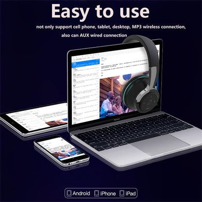 Wireless Headphones, Portable Over Ear Headphones with Mic, Clear Calls, FM Radio, Soft-Earpads, LED Light, Support TF Card Play, Foldable for Travel Home Office Cellphone PC