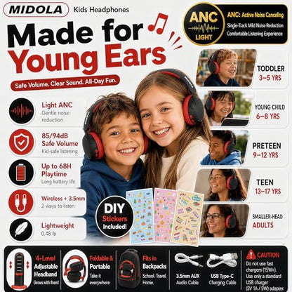 Kids Bluetooth Headphones Wireless,ANC, 68H,Safe Volume Limit 85/94dB | Active Noise Cancelling,Adjustable Headband Foldable Over-Ear for Toddler Girls Boys Tablet/iPad,HD Stereo,Built-in Mic,Black - color: Black