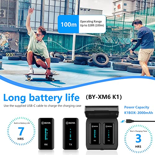 BOYA Wireless Lavalier Microphone, by-XM6 K1 2.4G Compact Professional Lapel Mic with Rechargeable Charging Case for iPhone/iPad/Android/Camera-7HR Battery, 328' Range,LED Display