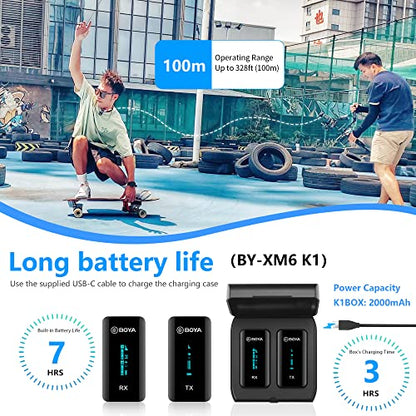 BOYA Wireless Lavalier Microphone, by-XM6 K1 2.4G Compact Professional Lapel Mic with Rechargeable Charging Case for iPhone/iPad/Android/Camera-7HR Battery, 328' Range,LED Display
