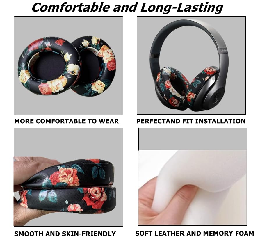 Replacement Ear Cushion Pads Cover Compatible with Beats Studio 2.0 and Studio 3.0 Over Ear Headphones only by Dr.DRE-1 Pair(Floral Black) - color: Floral Black
