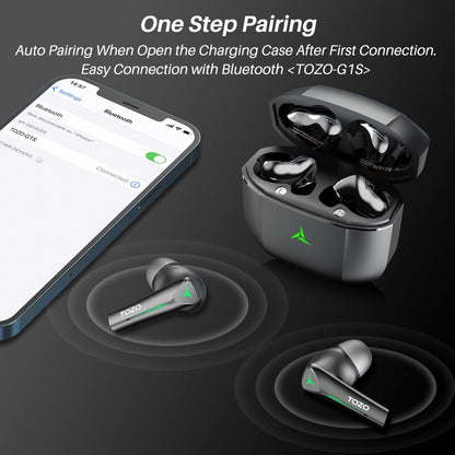 TOZO Wireless Earbuds Bluetooth 5.3 Headphones with 45ms Ultra Low-Latency and Cool Breathing Light Ergonomic Design Gaming Deep Bass Music Mode Headset Built-in Micro Stereo Sound