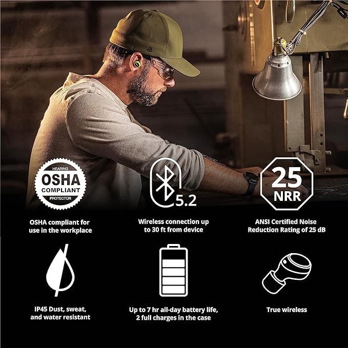 ISOtunes Free 2.0 Bluetooth Hearing Protection, OSHA Compliant Work Earbuds | 25 dB NRR, wireless earplug headphones, OSHA approved, true wireless Bluetooth, designed for work - color: Safety Green