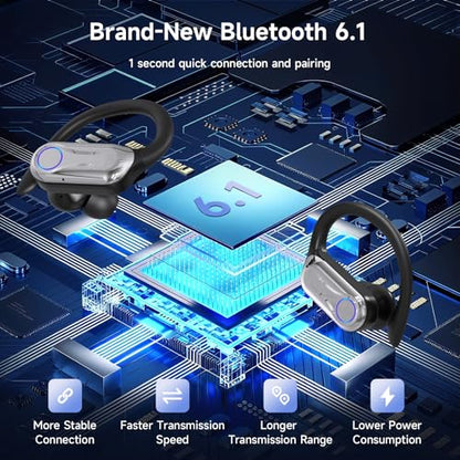Sports Wireless Earbuds with Ear Hooks, Bluetooth 6.1 Noise Canceling Headphones, 90H Playtime LED Display, IPX7 Waterproof Running Workout Earphones, Black