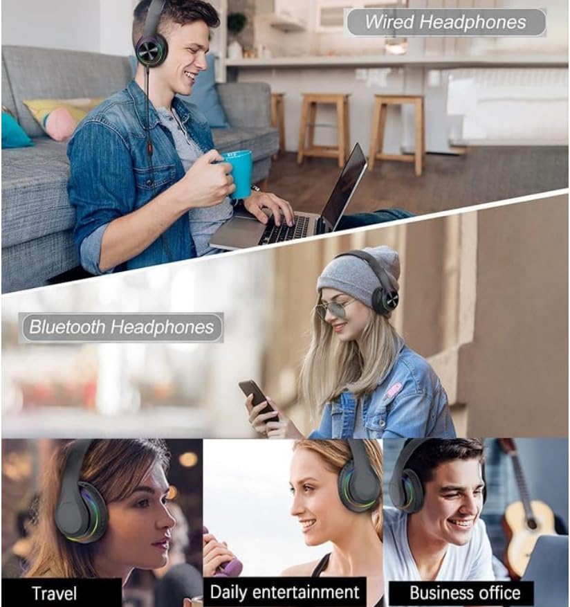 Over Ear Wireless Headphones with Noise Reduction, Mic Deep Bass HiFi Stereo, Foldable Lightweight LED Headset for PC Home Travel Office (White) - color: White