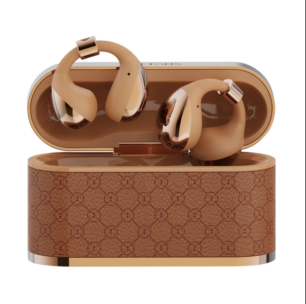 BUTTONS Open-Ear Clip Earbuds, Stylish Ear Cuff Design with Balanced Sound, Comfortable Non-in-Ear Fit, Clear Calls with ENC, Stable Bluetooth & Long Battery Life-Brown - color: Brown
