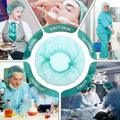 100 Pcs Disposable Nonwoven Bouffant Caps 21 Inch Hair Net Elastic Cap Hair Cover Hats for Beauty Salon Hospital Spa Catering Dust-free Workspace(Green) - color: Green