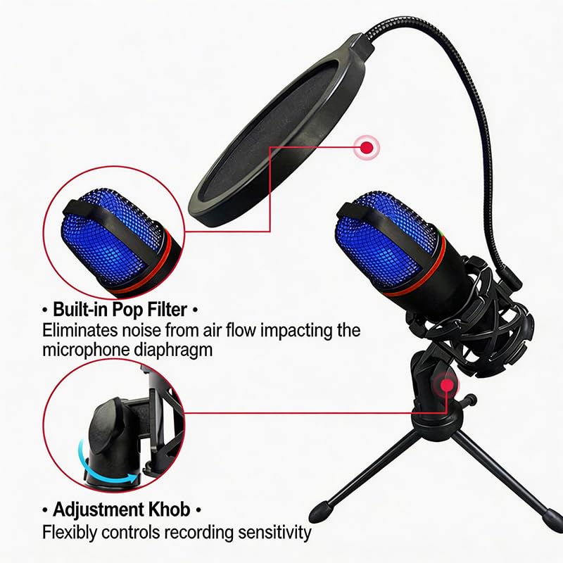 USB Microphone with RGB Light and Tripod Stand for Streaming Podcast Recording Gaming on PC Laptop