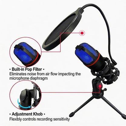 USB Microphone with RGB Light and Tripod Stand for Streaming Podcast Recording Gaming on PC Laptop