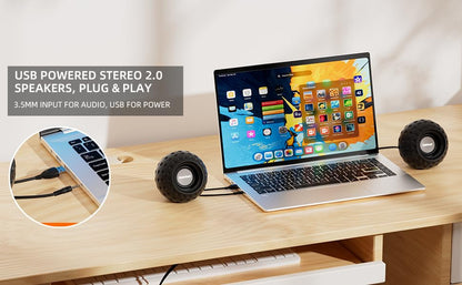 Uakinat 2.0 Computer Speaker, Black, USB Powered, 3.5mm Audio Input, Volume Control, Golf Style, Pair Pack, PC or Laptop