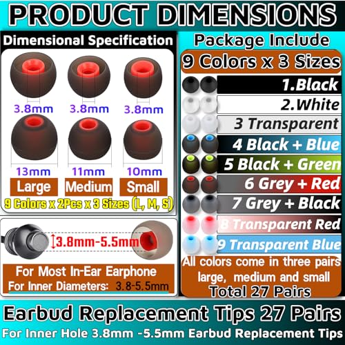 54Pcs Earbud Replacement Tips，Ear Bud Rubber Tips Silicone Earbud Tips Earbud Covers Silicone Tips Headphone Covers for Ears Headphone Ear Covers Replacement (Inner Hole 3.8mm -5.1mm) 27 Pairs S M L