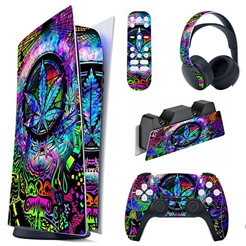 PlayVital Psychedelic Leaf Full Set Skin Decal for ps5 Console Digital Edition, Sticker Vinyl Decal Cover for ps5 Controller & Charging Station & Headset & Media Remote - color: Psychedelic Leaf