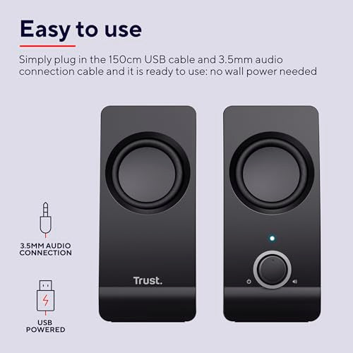 Trust Remo 2.0 PC Speakers, 16W (8W RMS), USB Powered, Jack 3.5mm, Stereo Speaker Set with Volume Control, Compact Sound System for Computer and Laptop - Black - style: Remo 16 W