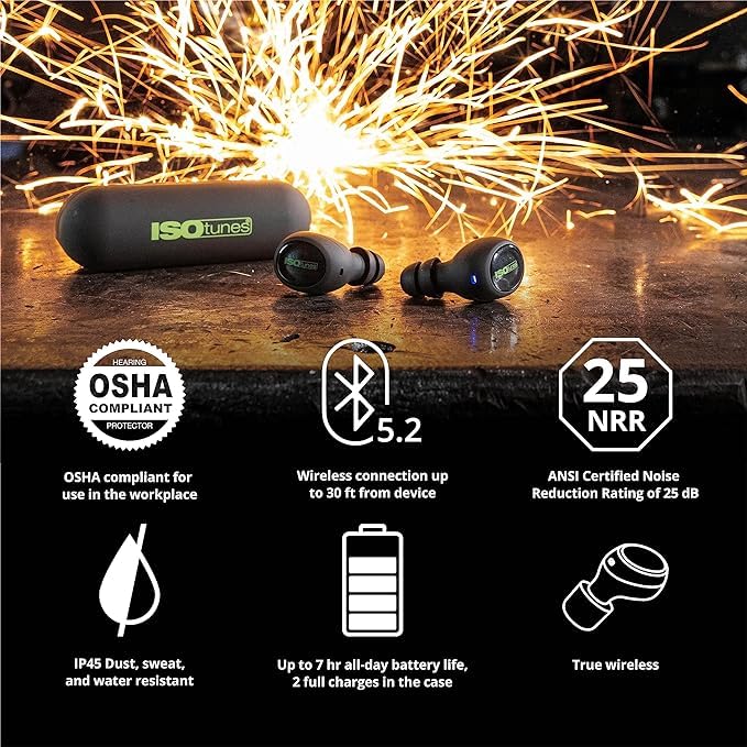 ISOtunes Free 2.0 Bluetooth Hearing Protection, OSHA Compliant Work Earbuds | 25 dB NRR, wireless earplug headphones, OSHA approved, true wireless Bluetooth, designed for work - color: Matte Black