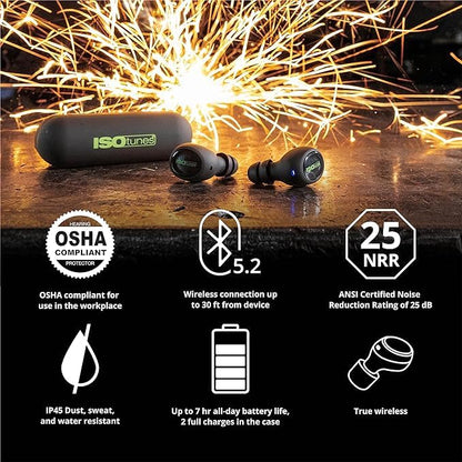 ISOtunes Free 2.0 Bluetooth Hearing Protection, OSHA Compliant Work Earbuds | 25 dB NRR, wireless earplug headphones, OSHA approved, true wireless Bluetooth, designed for work - color: Matte Black