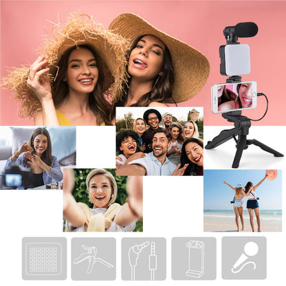 HuaerHui Vlogging Starter Kit with Mini LED Video Light + Shotgun Microphone + Universal Cellphone Holder Clip + Pistol Grip Tripod Compatible with Smart Phones/Cameras