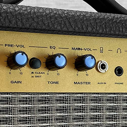 Pyle Portable Mini Electric Guitar Amp - 10 Watt Practice Instrument Amplifier w/ 5" Loudspeaker, Volume,Bass, Treble, Distortion,Gain Controls, Headphone Output,Carry Handle,Leather/Wood Construction