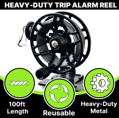 THE QUAD Reusable Metal Trip Wire Reel with 100ft Kevlar Line, Security Alarm Accessory, Black