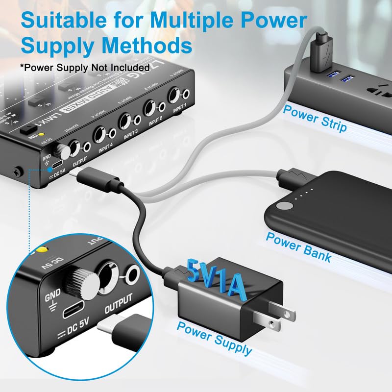 LZSIG Mini Audio Mixer, Ultra Low-Noise, 4-Channel, 4 IN 1 OUT | Stereo Line Mixer for Sub-Mixing, 1/4" & 1/8" TS & TRS Output and Input for Electronic Drum, Guitars, Bass, Keyboards