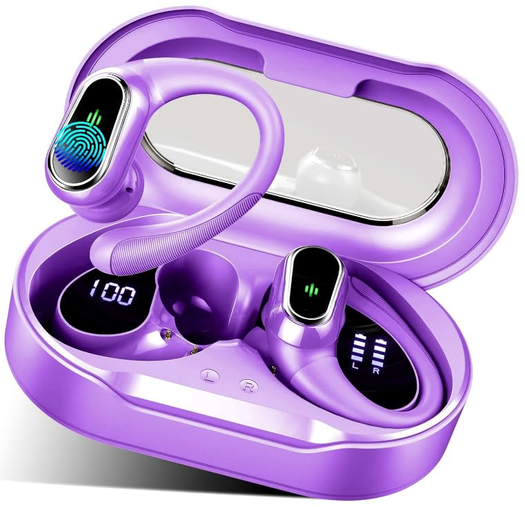 Wireless Earbuds, 2026 Bluetooth 5.4 Headphones, ENC Noise Canceling Mic | 60Hrs+ Stereo Wireless Headphones, IP7 Waterproof Bluetooth Earbuds, Sport Earhooks, Dual LED Display, for Workout, Running - color: Loyal Purple