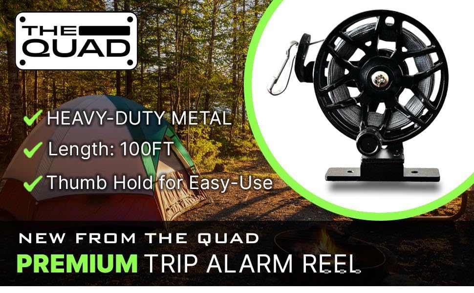 THE QUAD Reusable Metal Trip Wire Reel with 100ft Kevlar Line, Security Alarm Accessory, Black