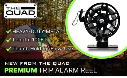 THE QUAD Reusable Metal Trip Wire Reel with 100ft Kevlar Line, Security Alarm Accessory, Black