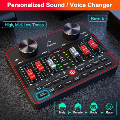 Audio Mixer, Sound Board for Pc/Phone Live Streaming Singing Gaming, Audio Interface for 3.5mm Microphone, Live Sound Card with DJ Mixer Effects & Voice Changer, Denoise, Bluetooth Podcast Mixer