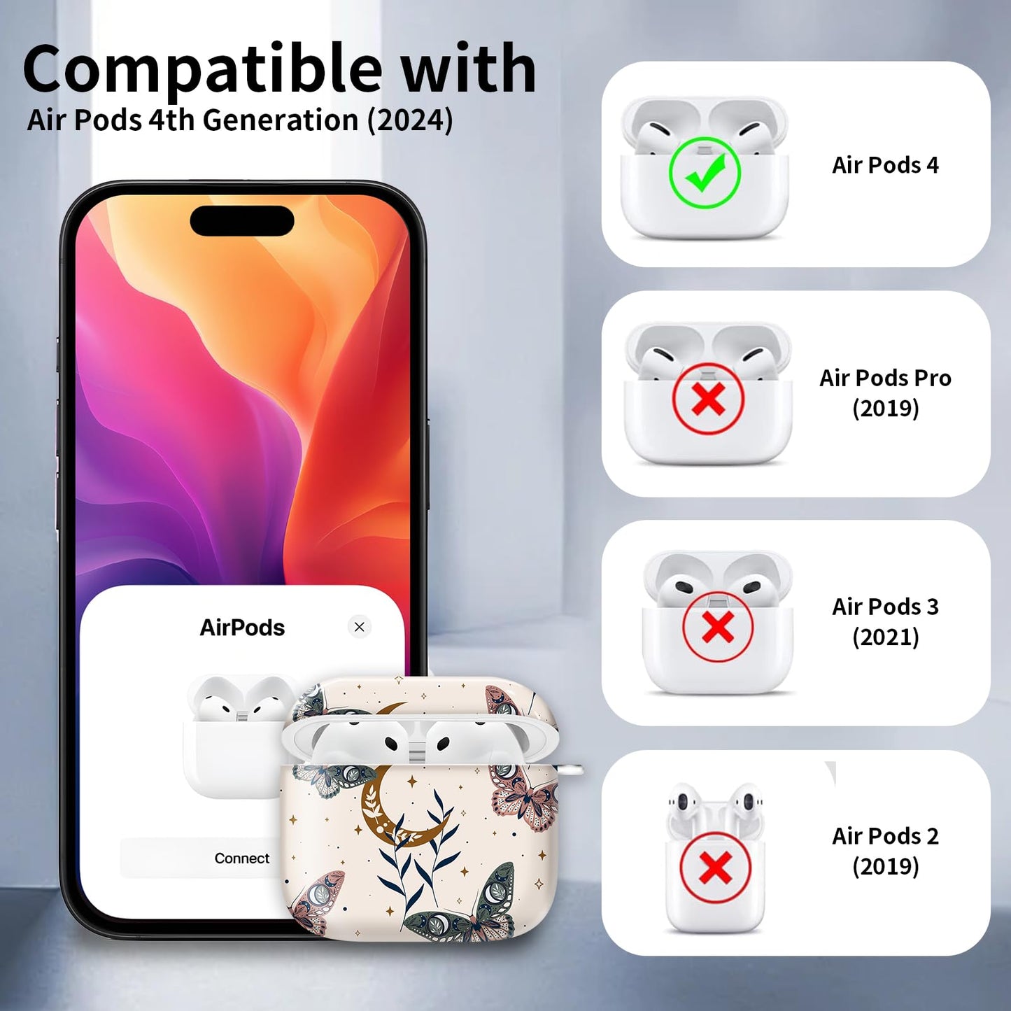 Cute Case Cover Compatible with AirPods 4th Generation 2024, Shockproof for Women & Girls with Cute Golden Round Buckle – Protective, Anti-Drop Design(Boho Cute Butterfly Moon) - color: Boho Cute butterfly Moon