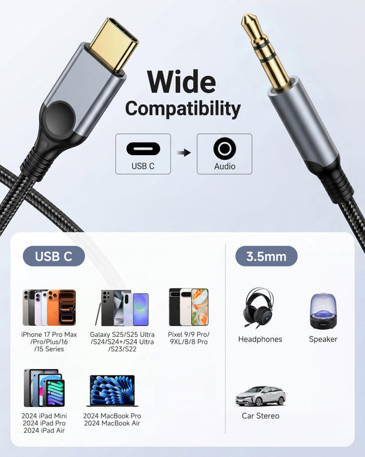 Aux to USB C Audio Cable [4FT], Type C to 3.5mm Aux Cord Hi-Fi DAC Headphone Jack Adapter Dongle Compatible with iPhone 17/16/15, Samsung S26/S25/S24/S23,iPad Pro,Pixel,Car,Headphones,Speakers-Grey - color: Grey, size: 4 FT