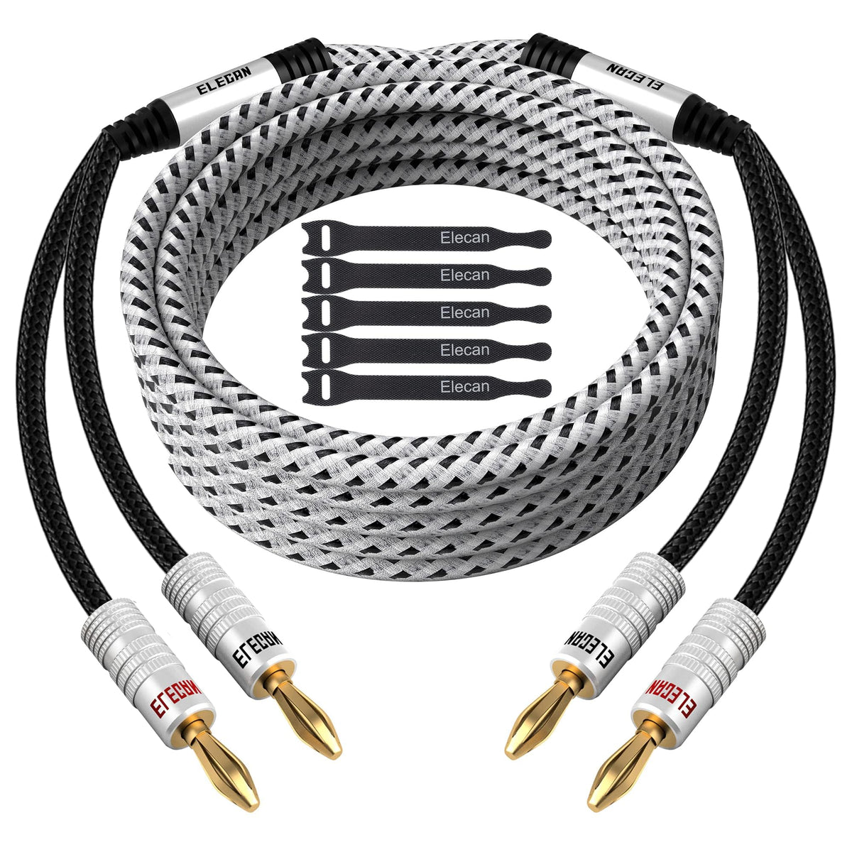 Elecan 14 AWG Speaker Cable Wire 12 Feet with Gold-Plated Banana Tip Plugs-CL2 Rated-in Wall-Heavy Duty Nylon Braided, Oxygen-Free Copper (OFC)-White-with 5 Cable Ties - size: 12FT